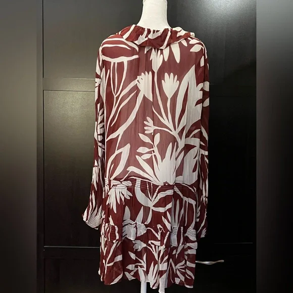 Anthropologie Marais Chiffon Mini Dress w/ ruffled skirt. Maroon, white. L-XL - Picture 12 of 15